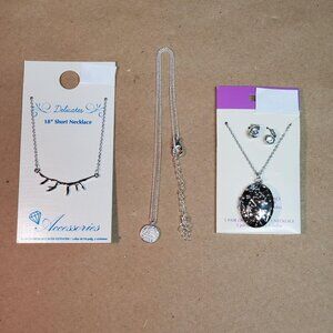 Pendant Silver Necklace, Silver Necklace and Pendant Silver Necklace w/ Earrings